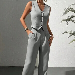 Grey Casual womens Button Front Vest Blazer & Pants Suit Set
